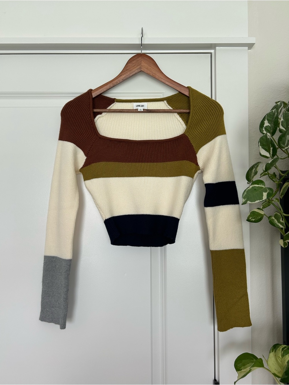 Striped Ribbed Square-Neck Cropped Sweater